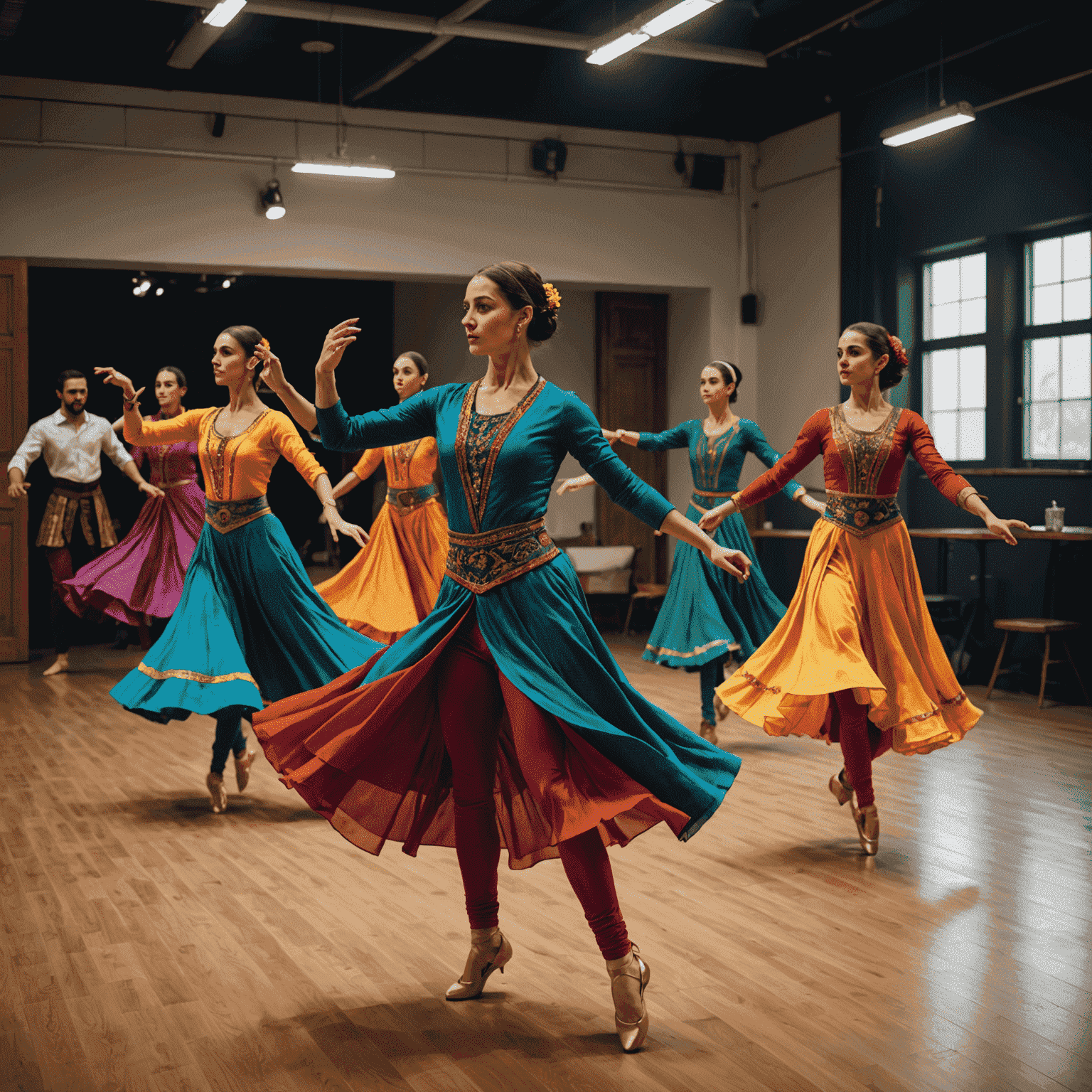 Various dancers performing modern dance styles in a Turkish studio, showcasing vibrant movements and colorful costumes