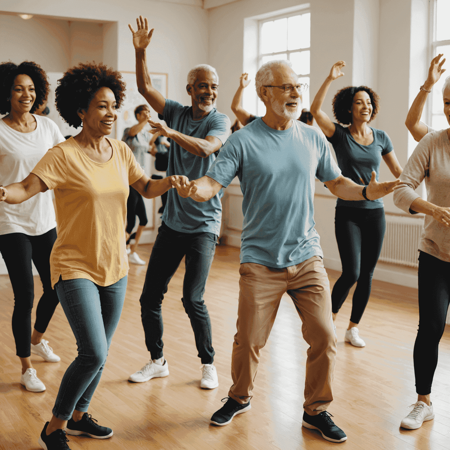 A group of diverse people participating in a lively dance class, with a mix of ages and skill levels visible. The instructor is demonstrating a dance move at the front of the studio.