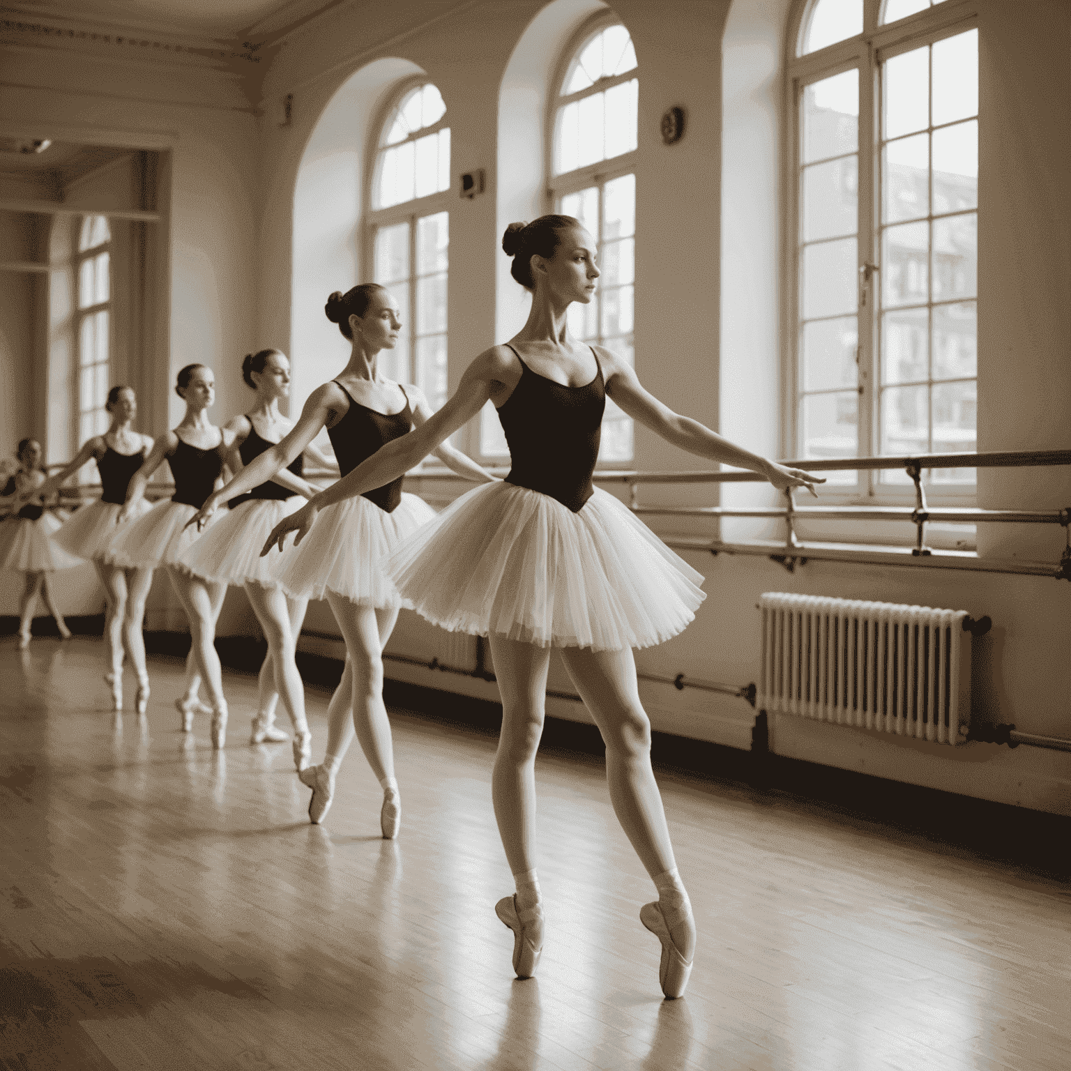 Ballet dancers in tutus practicing at the barre during a specialized workshop