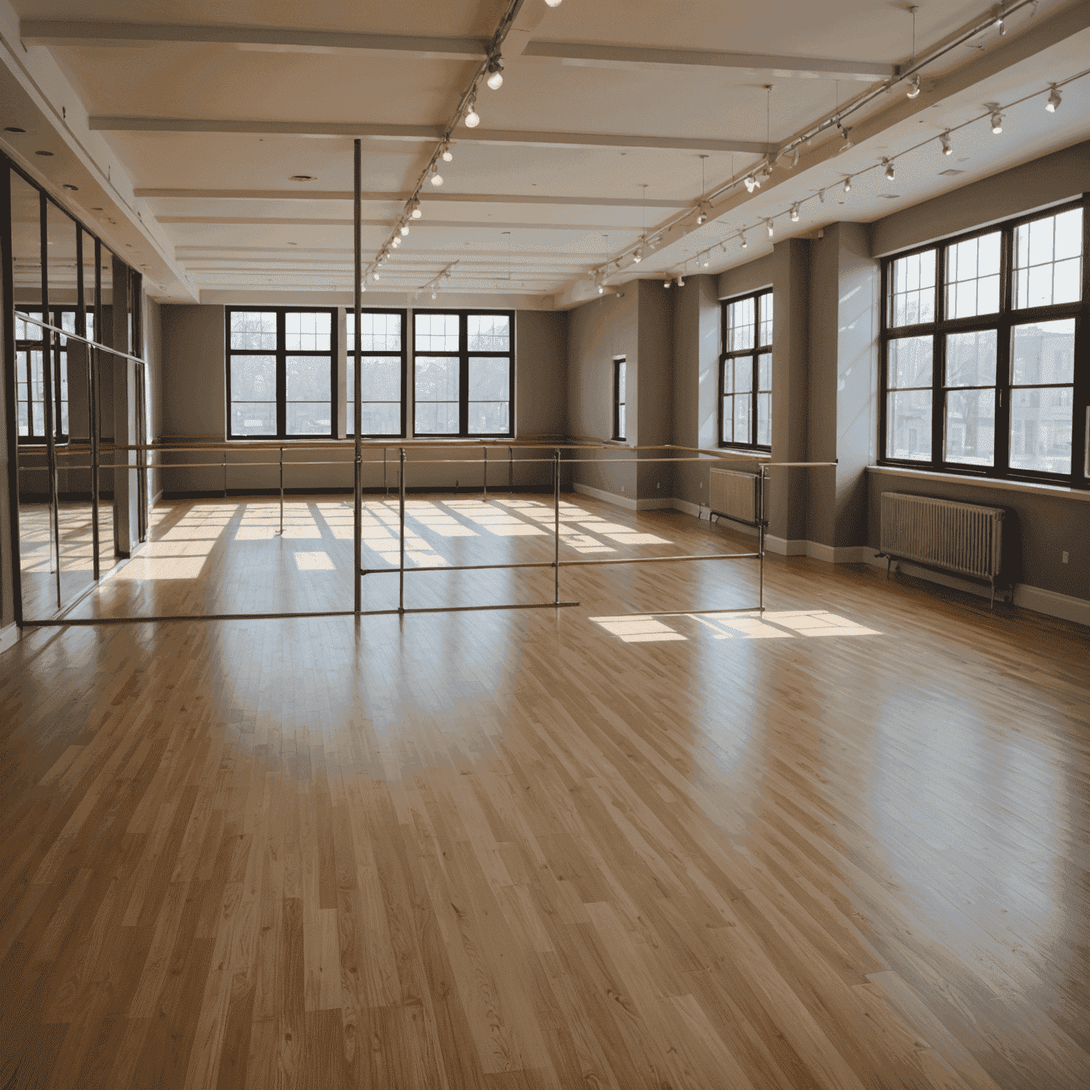 Spacious dance studio with wooden floors, mirrored walls, and ballet barres