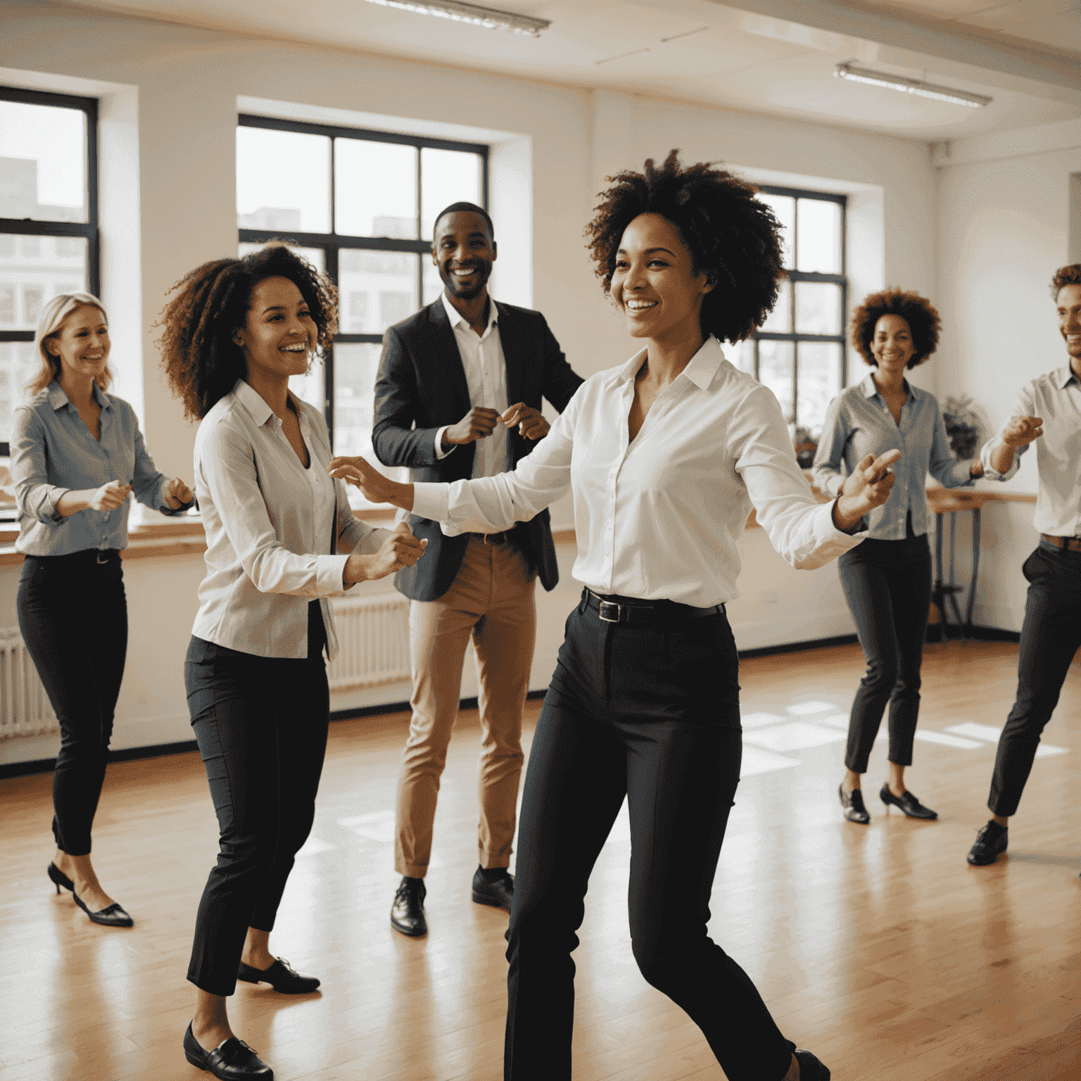 A group of office workers in business attire participating in a dance class, smiling and following an instructor's lead