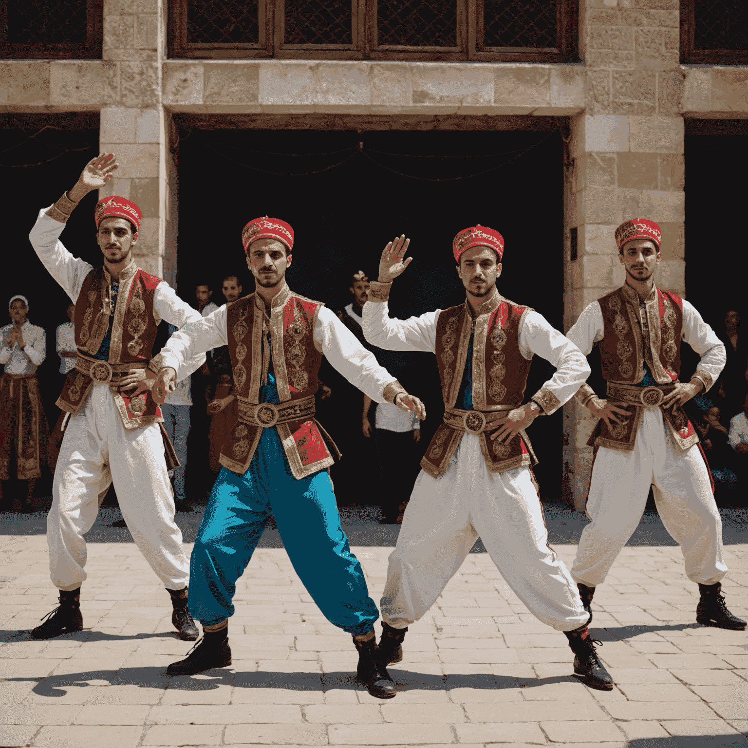 A group of young Turkish dancers performing an energetic hip-hop routine with traditional Turkish costume elements