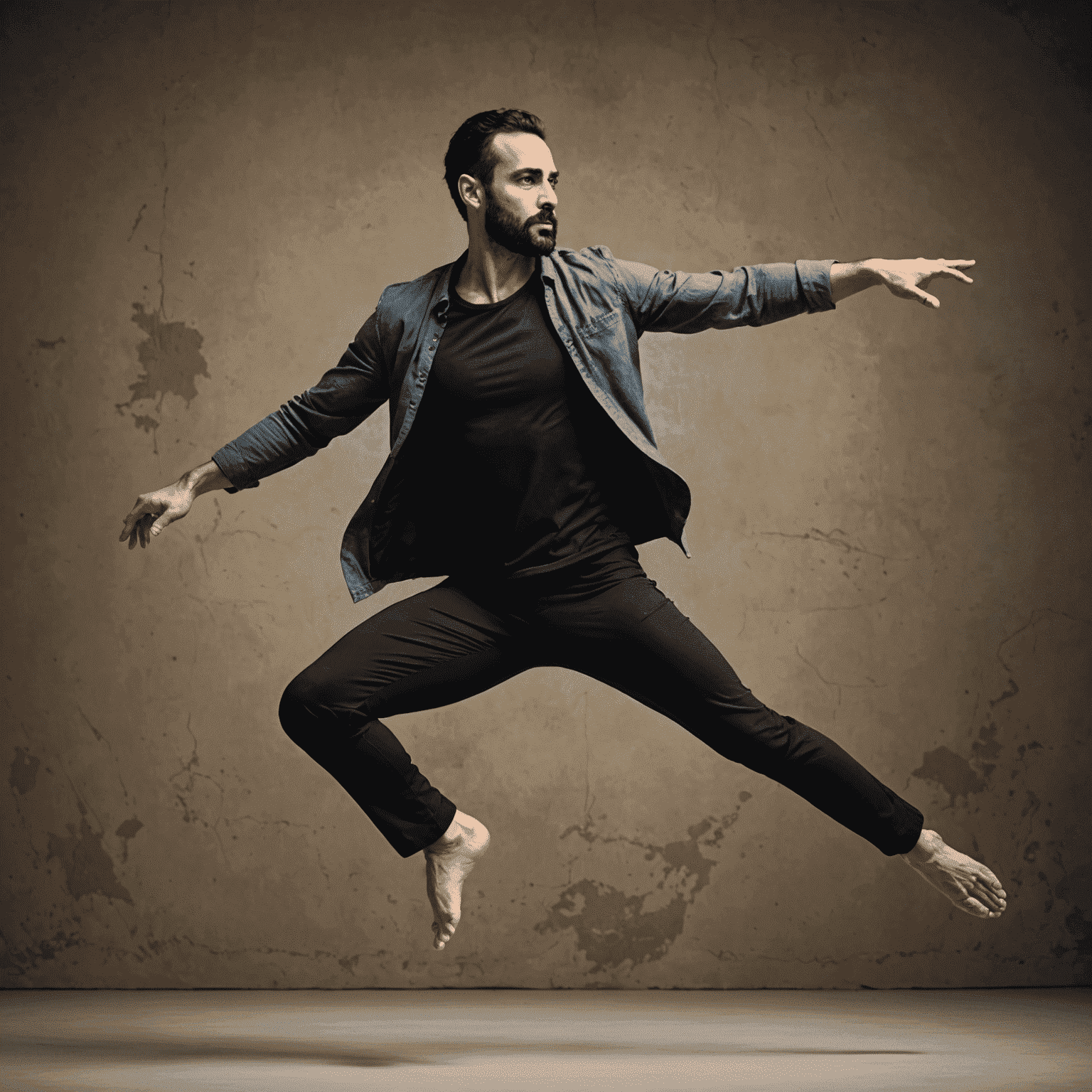 Mehmet Kaya, contemporary dance instructor, mid-leap during a dynamic performance