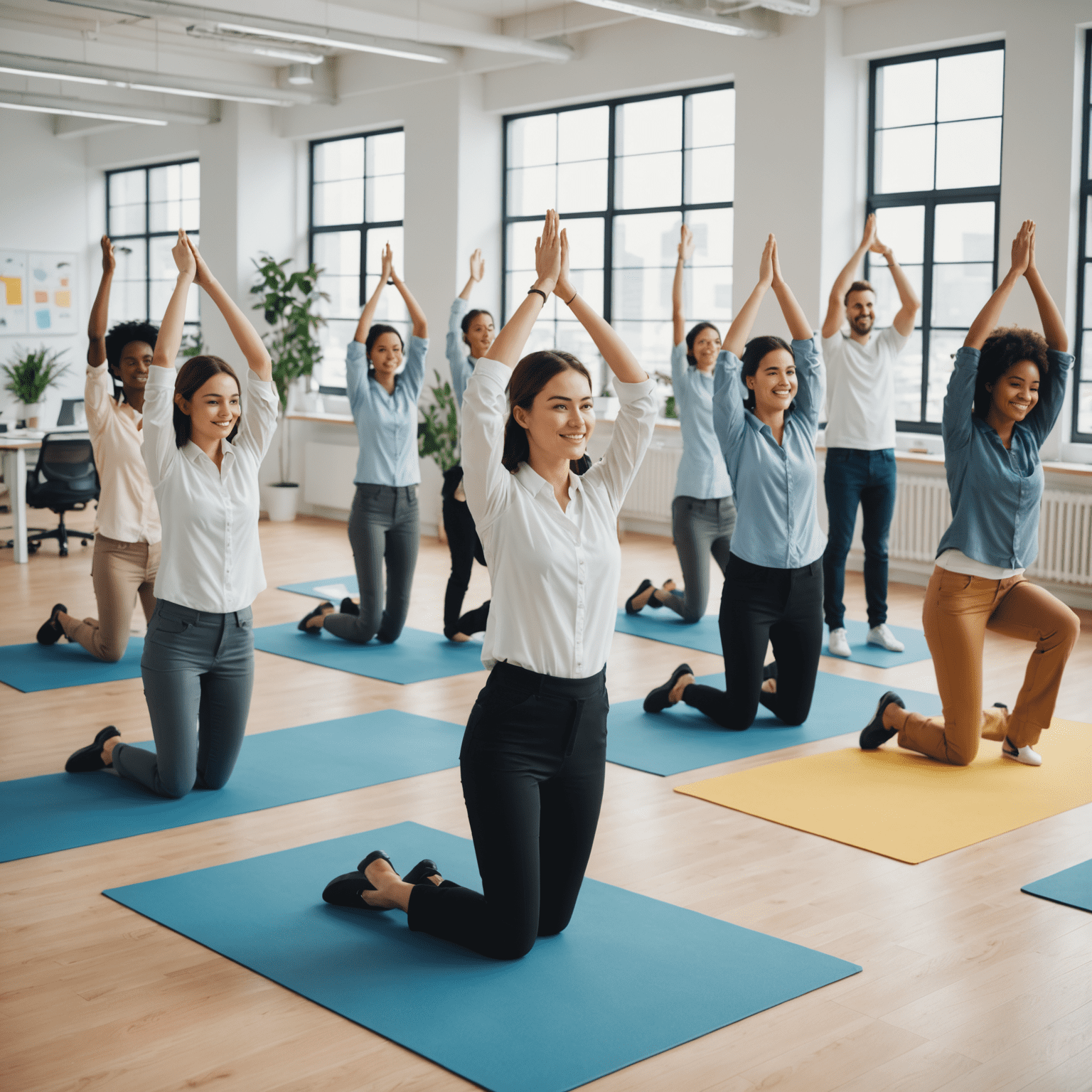 Office workers in casual attire performing stretching exercises together in a bright, modern office space