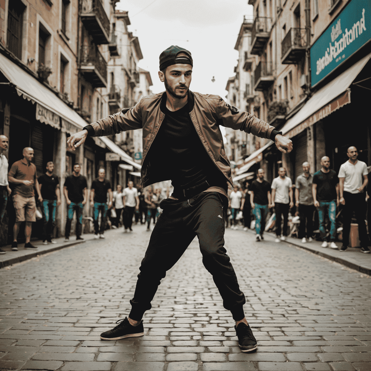 A dancer performing a dynamic Urban Turkish routine, blending breakdancing moves with traditional Turkish dance gestures