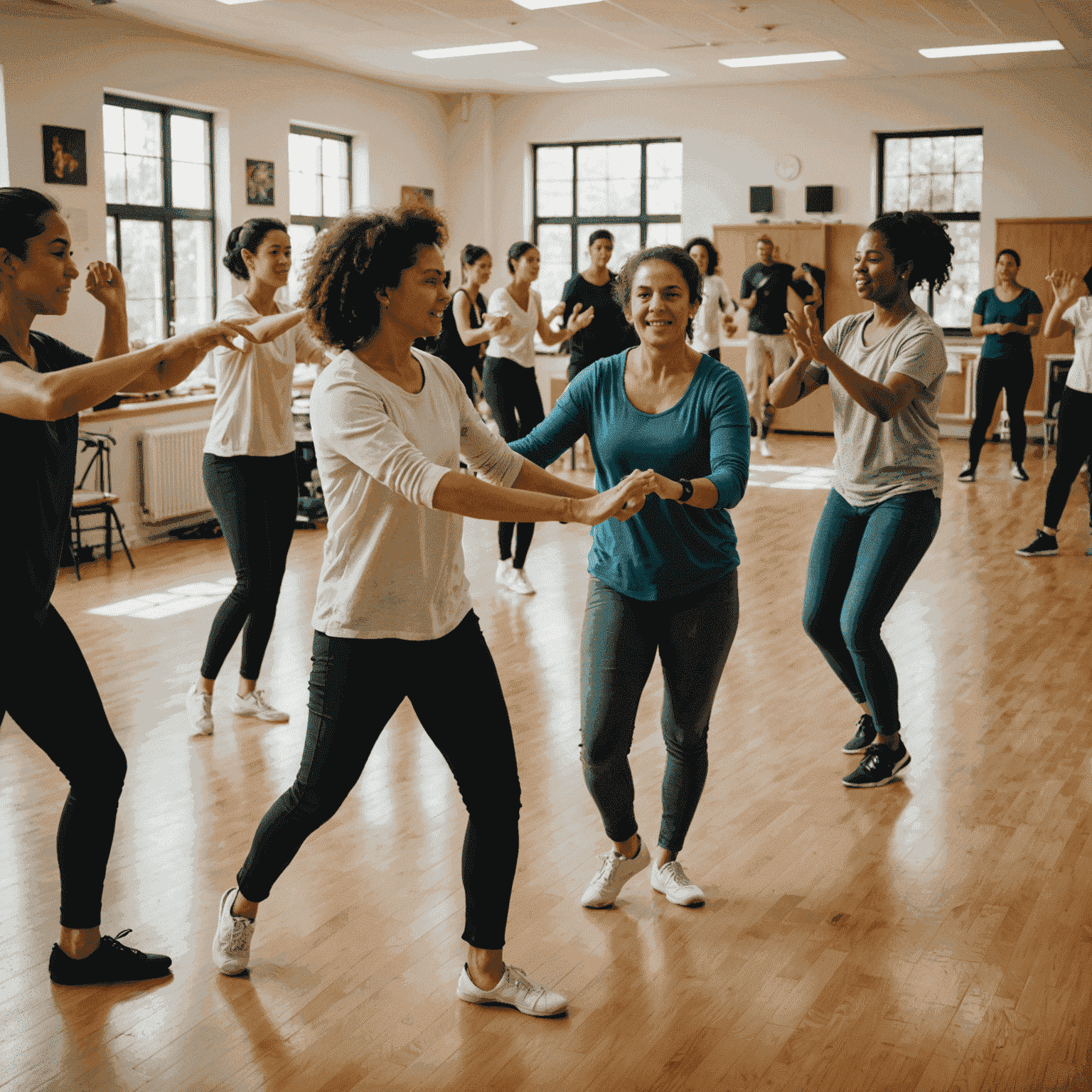 A specialized dance workshop in progress, with participants learning a unique dance style. The room is filled with energy, and various dance props are visible.