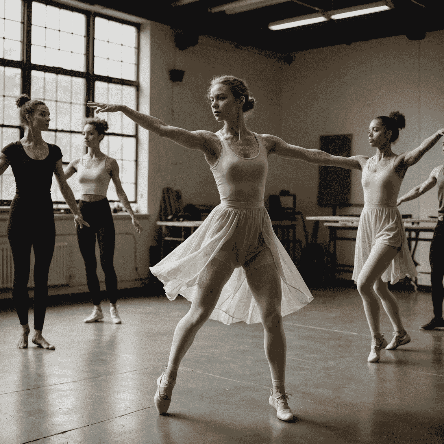 Contemporary dancers performing expressive movements in a workshop setting