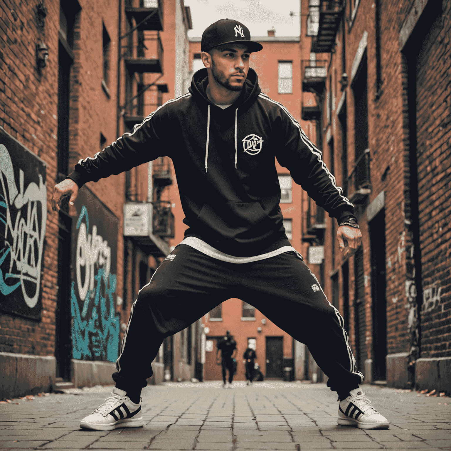 Can Demir, hip-hop instructor, striking a cool pose in urban dance attire