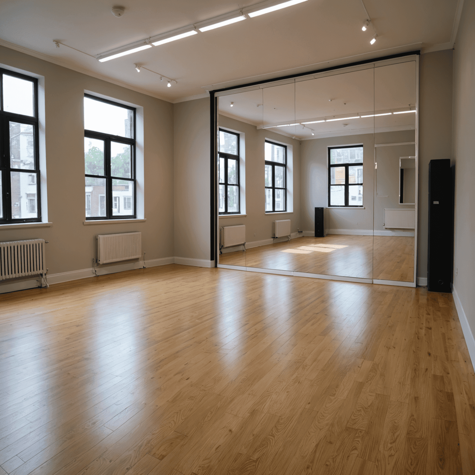 A well-equipped dance studio available for rent, featuring polished wooden floors, full-length mirrors, and a sound system. The space is bright and inviting.