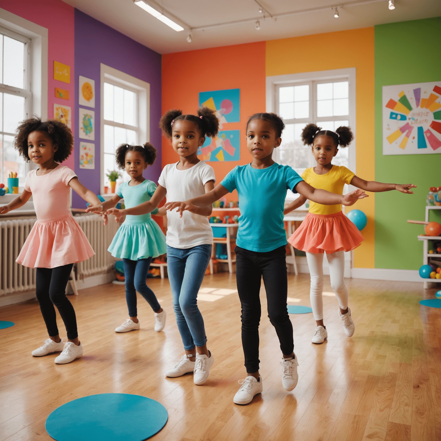 Children learning dance moves in a colorful studio