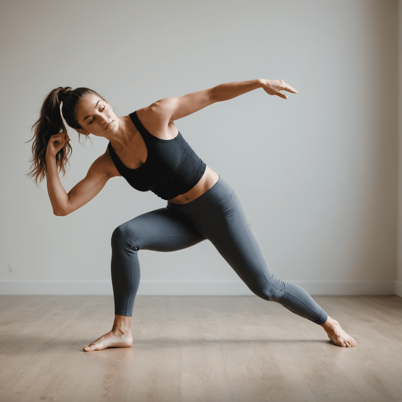 Dancer in a deep lunge position, back knee on the ground, stretching the hip flexor