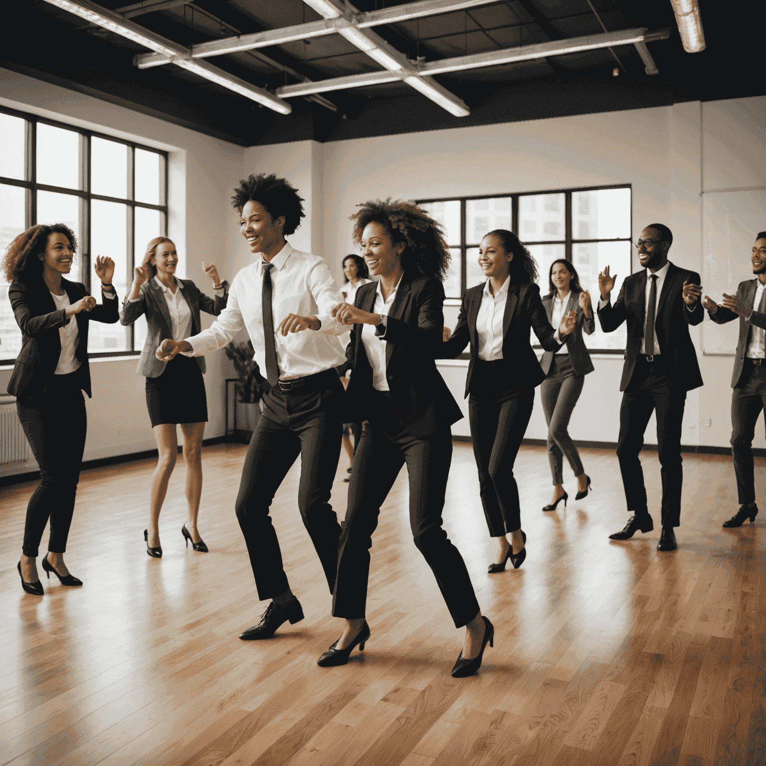 A group of professionals in business attire participating in a dance-based team building exercise. The setting appears to be a large conference room or office space adapted for the activity.