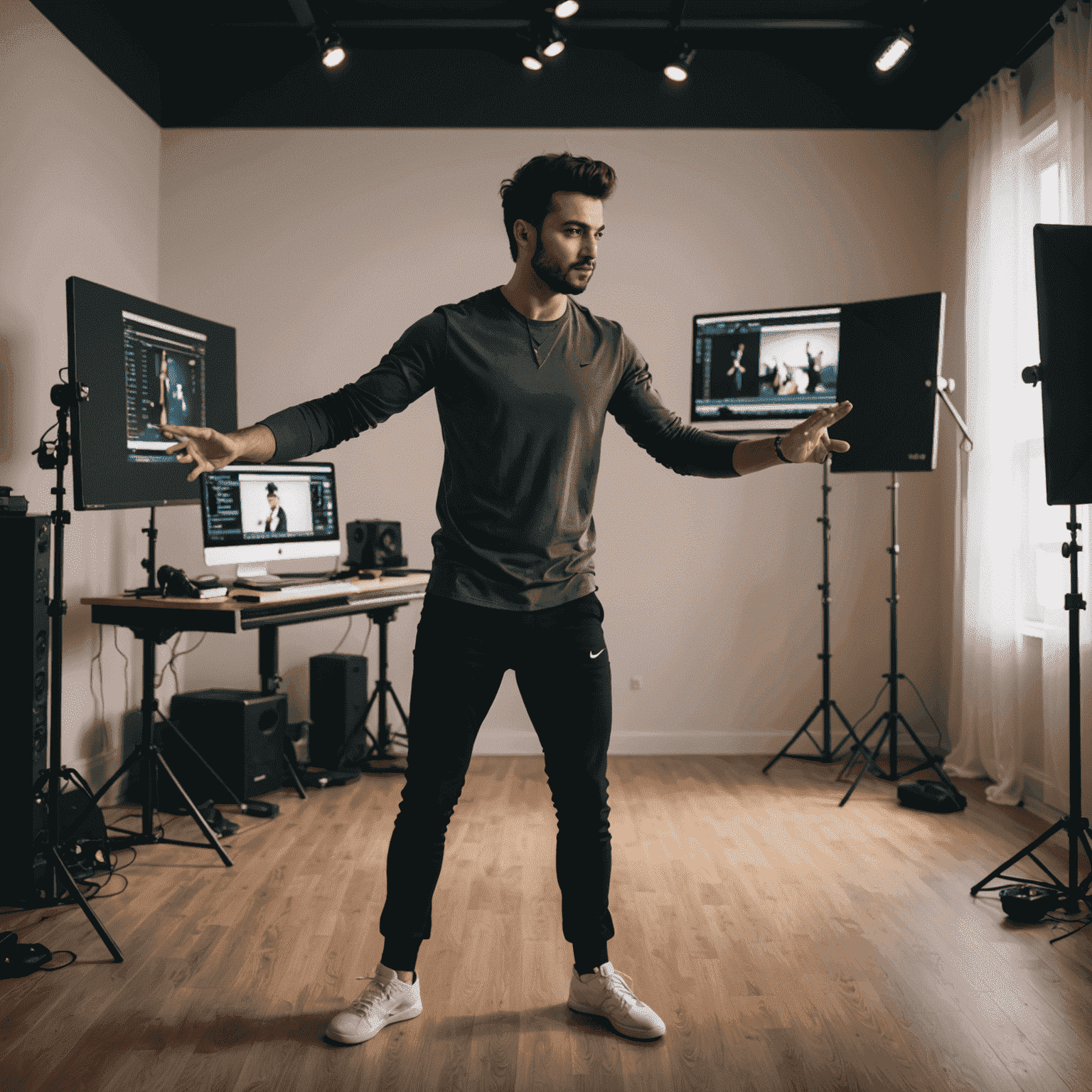 Emre Ozturk, online dance instructor, filming a tutorial in a high-tech home studio setup