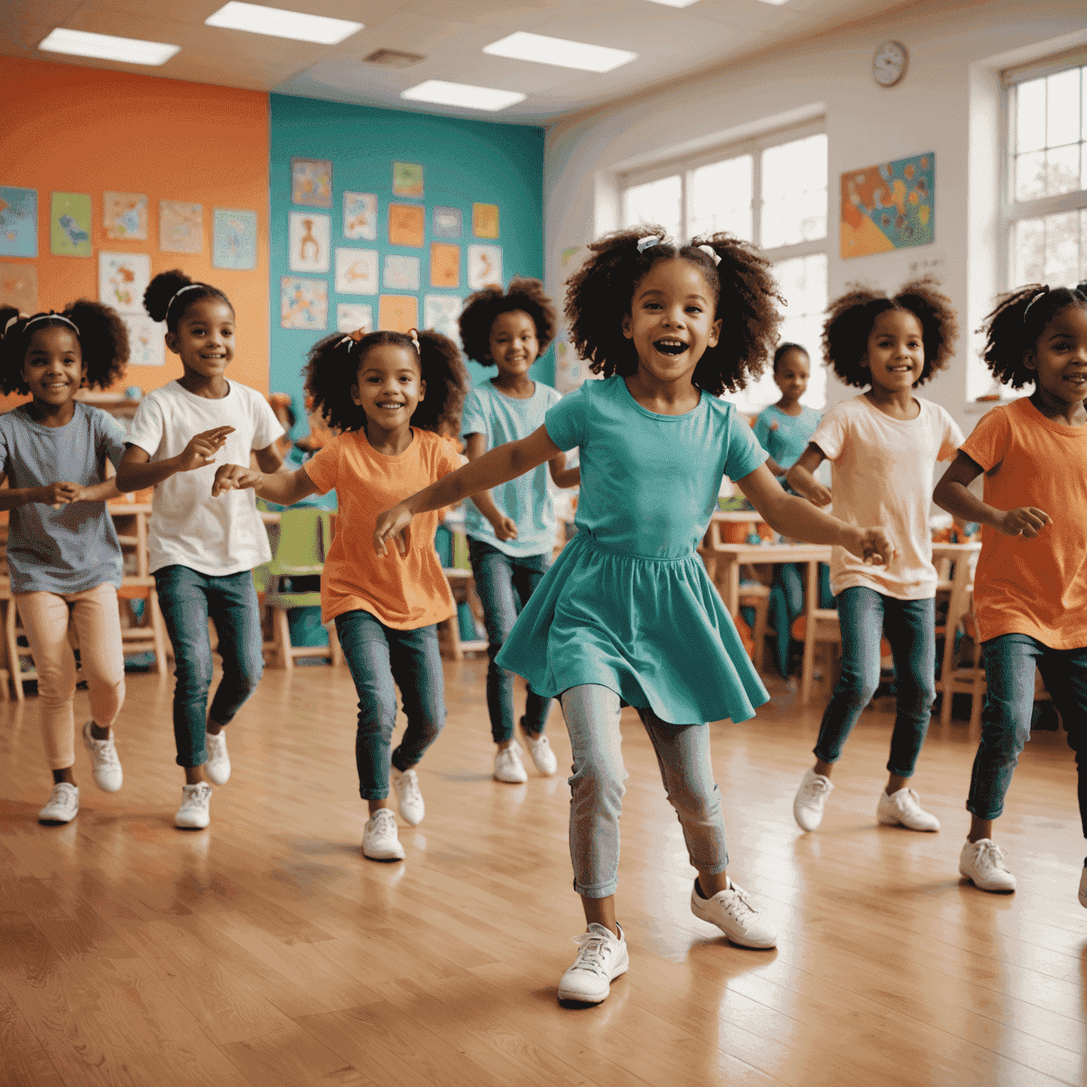 Children learning dance moves in a fun and colorful workshop environment